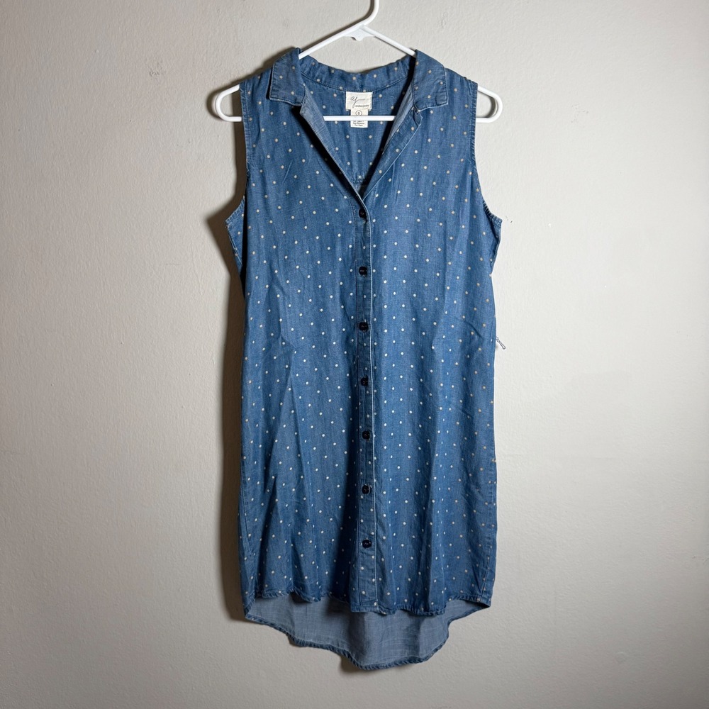 Andrea Jovine Women Blue Polka Dot Tencel Denim Sleeveless Shirt Dress Small